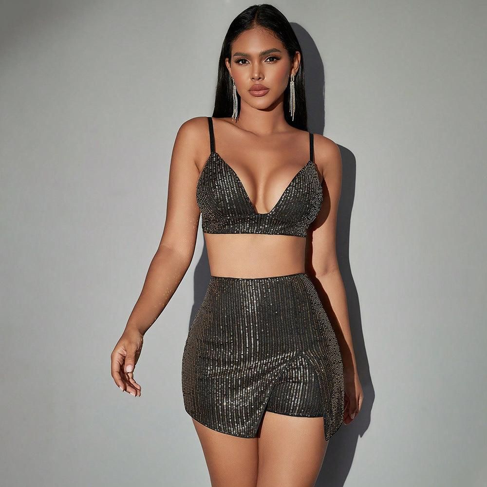 Summer Women Clothing Sexy Camisole Sequ Slimming Hip Skirt Set - Yara fashion  61450894 Summer Women Clothing Sexy Camisole Sequ Slimming Hip Skirt Set 