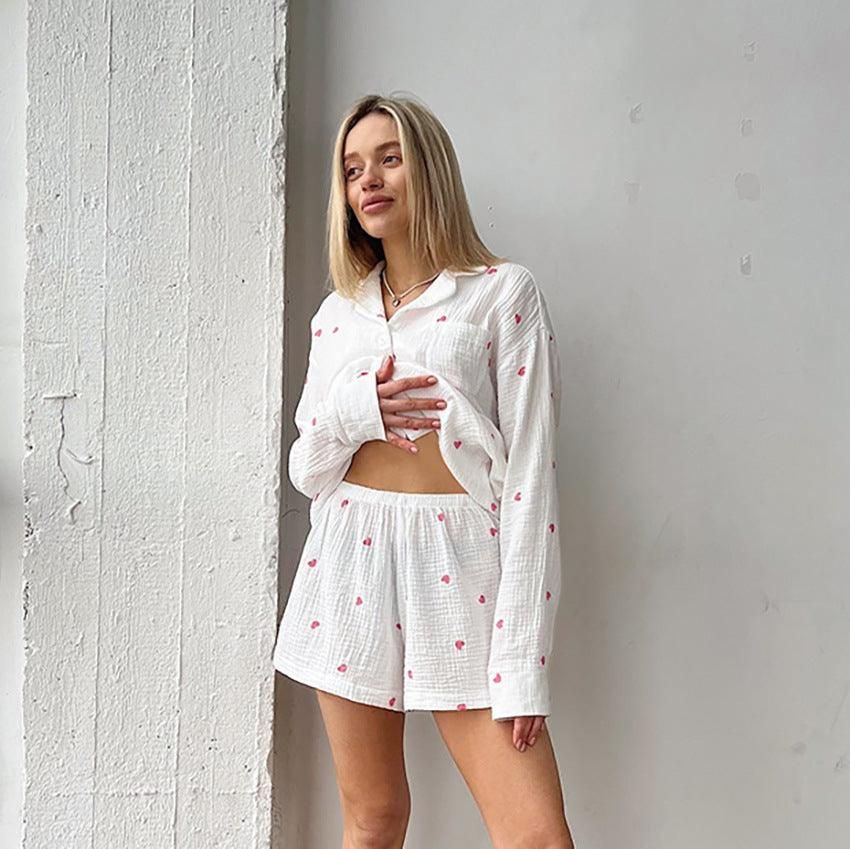 Sweet Loving Heart Casual Loose Long Sleeve Shorts Pajamas Two Piece Set Can Be Outerwear Homewear Women - Yara fashion  27067177 Sweet Loving Heart Casual Loose Long Sleeve Shorts Pajamas Two Piece Set Can Be Outerwear Homewear Women 