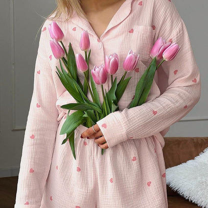 Sweet Loving Heart Casual Loose Long Sleeve Shorts Pajamas Two Piece Set Can Be Outerwear Homewear Women - Yara fashion  39642655 Sweet Loving Heart Casual Loose Long Sleeve Shorts Pajamas Two Piece Set Can Be Outerwear Homewear Women 