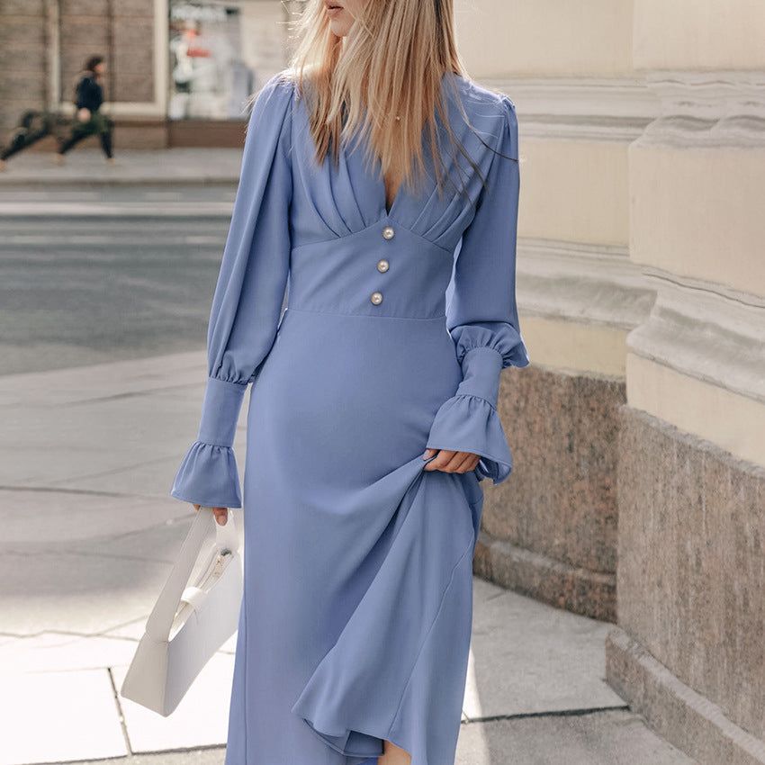 V neck Dress Autumn Simplicity Slim Fit A line Dress Women French Chiffon Midi Dress - Yara fashion  45309364 V neck Dress Autumn Simplicity Slim Fit A line Dress Women French Chiffon Midi Dress 