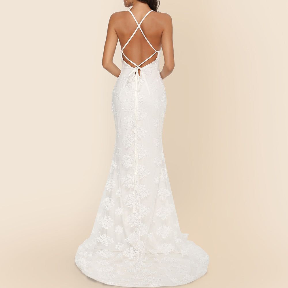 Wedding Women -selling Dress Sexy V-neck Brace Big Trailing Dress - Yara fashion  62010442 Wedding Women -selling Dress Sexy V-neck Brace Big Trailing Dress 