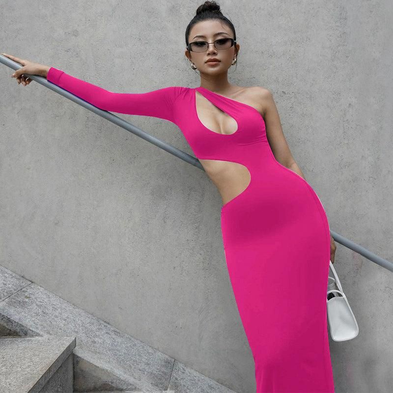 Women Clothing Autumn Sexy Cutout One Shoulder Long Sleeve Dress - Yara fashion  22445018 Women Clothing Autumn Sexy Cutout One Shoulder Long Sleeve Dress 