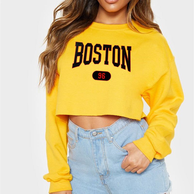 Women Clothing Autumn Winter Boston Letter Graphic Printing Cropped Long Sleeves Sweater Women - Yara fashion  67952431 Women Clothing Autumn Winter Boston Letter Graphic Printing Cropped Long Sleeves Sweater Women 