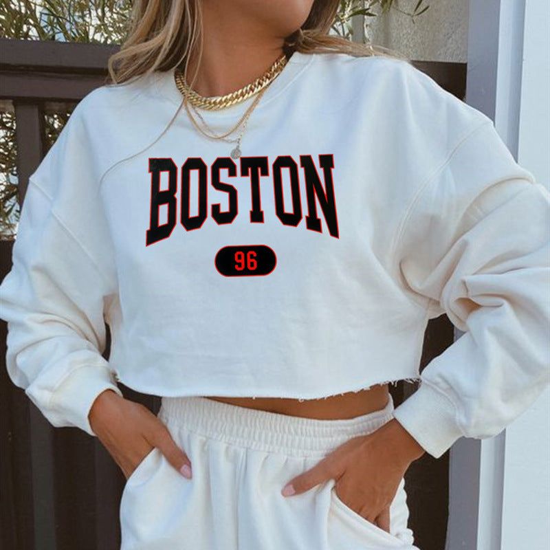 Women Clothing Autumn Winter Boston Letter Graphic Printing Cropped Long Sleeves Sweater Women - Yara fashion  34432993 Women Clothing Autumn Winter Boston Letter Graphic Printing Cropped Long Sleeves Sweater Women 