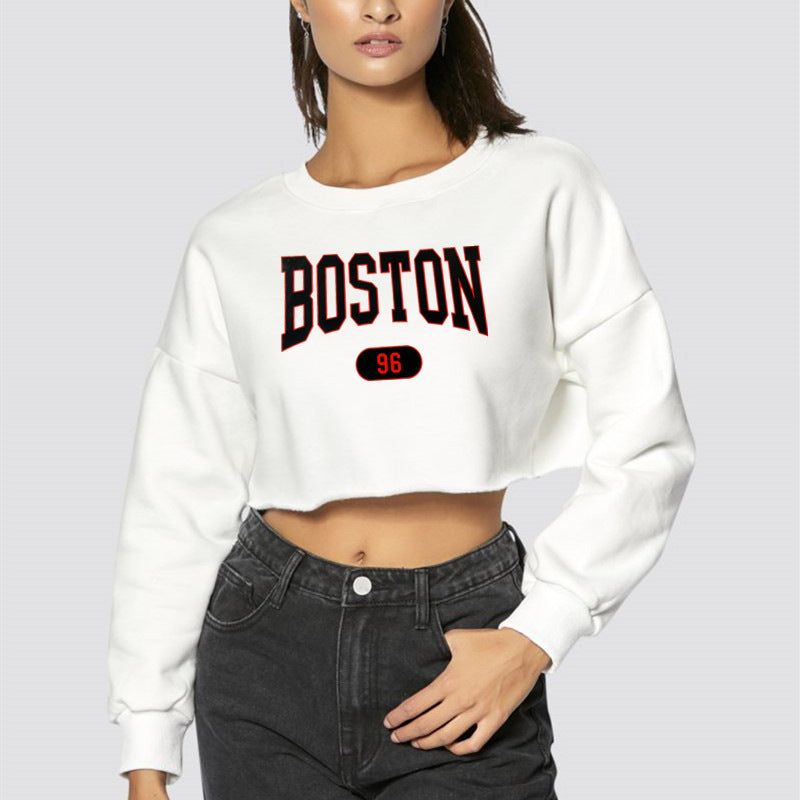 Women Clothing Autumn Winter Boston Letter Graphic Printing Cropped Long Sleeves Sweater Women - Yara fashion  27187356 Women Clothing Autumn Winter Boston Letter Graphic Printing Cropped Long Sleeves Sweater Women 