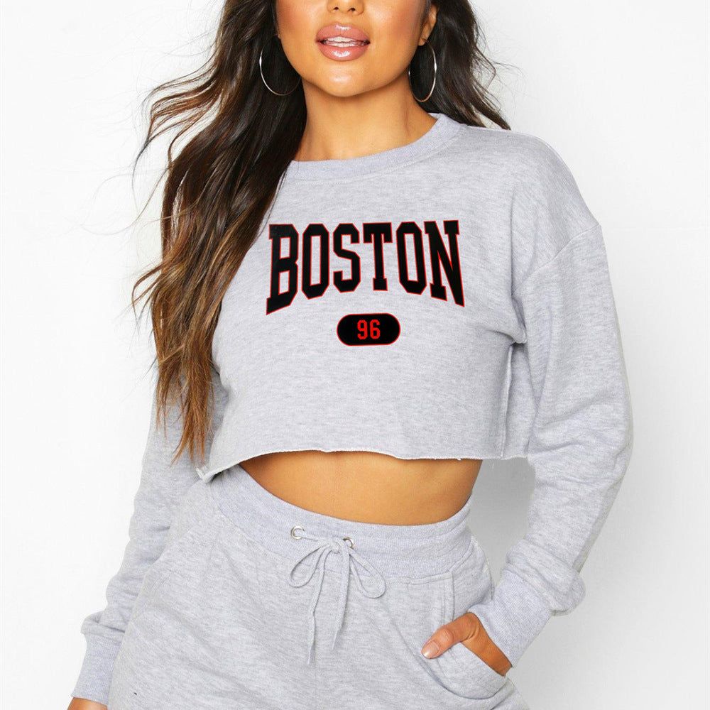 Women Clothing Autumn Winter Boston Letter Graphic Printing Cropped Long Sleeves Sweater Women - Yara fashion  47457867 Women Clothing Autumn Winter Boston Letter Graphic Printing Cropped Long Sleeves Sweater Women 