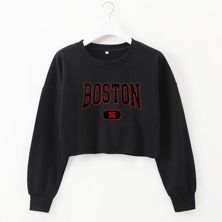 Women Clothing Autumn Winter Boston Letter Graphic Printing Cropped Long Sleeves Sweater Women - Yara fashion  9907784 Women Clothing Autumn Winter Boston Letter Graphic Printing Cropped Long Sleeves Sweater Women 