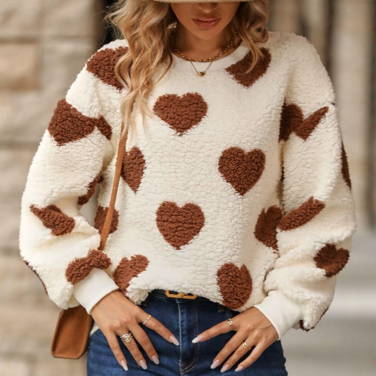 Women Clothing Autumn Winter Plush Loving Heart Printed Loose Long Sleeves Crew Neck Pullover Sweatshirt - Yara fashion  72041292 Women Clothing Autumn Winter Plush Loving Heart Printed Loose Long Sleeves Crew Neck Pullover Sweatshirt 