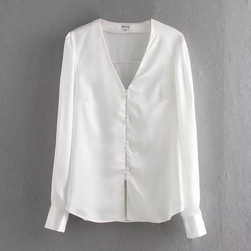 Women Clothing Bag Buckle V Neck Satin Shirt - Yara fashion  14028075 Women Clothing Bag Buckle V Neck Satin Shirt 