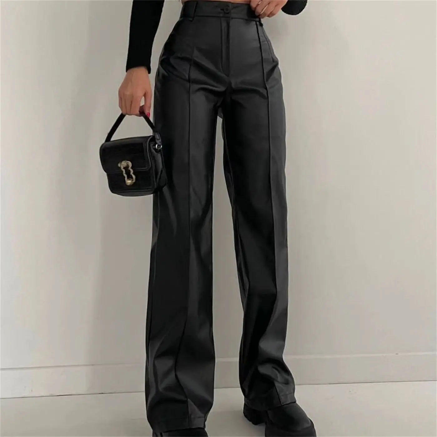 Women Clothing Faux Leather Trousers Autumn Winter Casual Pants Fried Street Cool Straight Leg Pants Figure Flattering Leather Pants Women - Yara fashion  88747231 Women Clothing Faux Leather Trousers Autumn Winter Casual Pants Fried Street Cool Straight Leg Pants Figure Flattering Leather Pants Women 