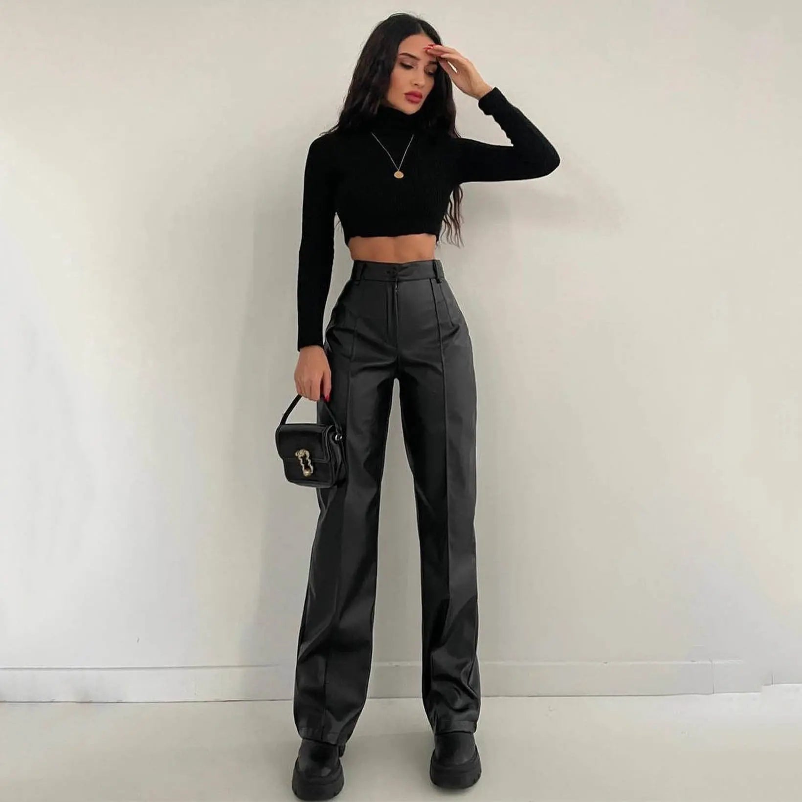 Women Clothing Faux Leather Trousers Autumn Winter Casual Pants Fried Street Cool Straight Leg Pants Figure Flattering Leather Pants Women - Yara fashion  71840580 Women Clothing Faux Leather Trousers Autumn Winter Casual Pants Fried Street Cool Straight Leg Pants Figure Flattering Leather Pants Women 