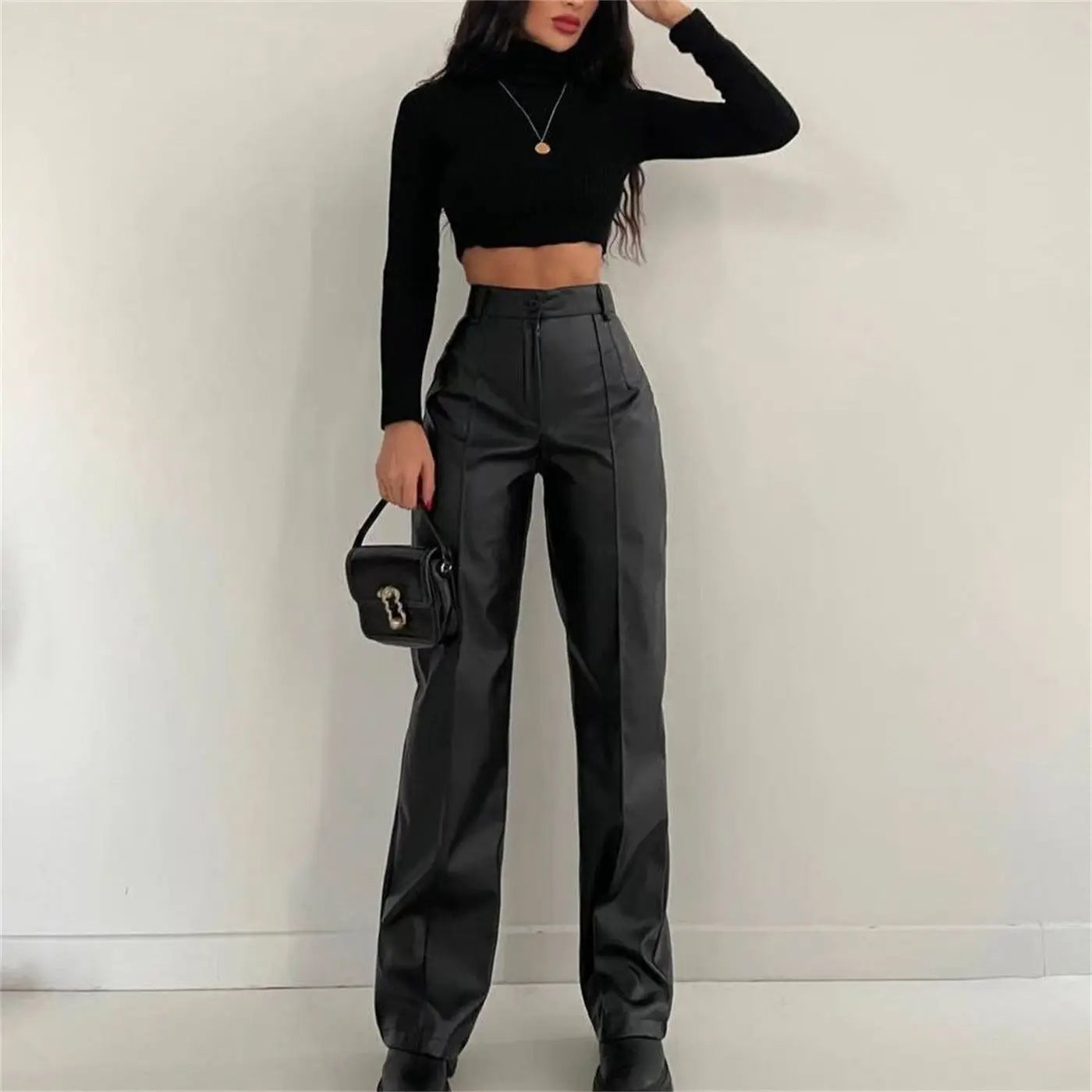 Women Clothing Faux Leather Trousers Autumn Winter Casual Pants Fried Street Cool Straight Leg Pants Figure Flattering Leather Pants Women - Yara fashion  51897381 Women Clothing Faux Leather Trousers Autumn Winter Casual Pants Fried Street Cool Straight Leg Pants Figure Flattering Leather Pants Women 