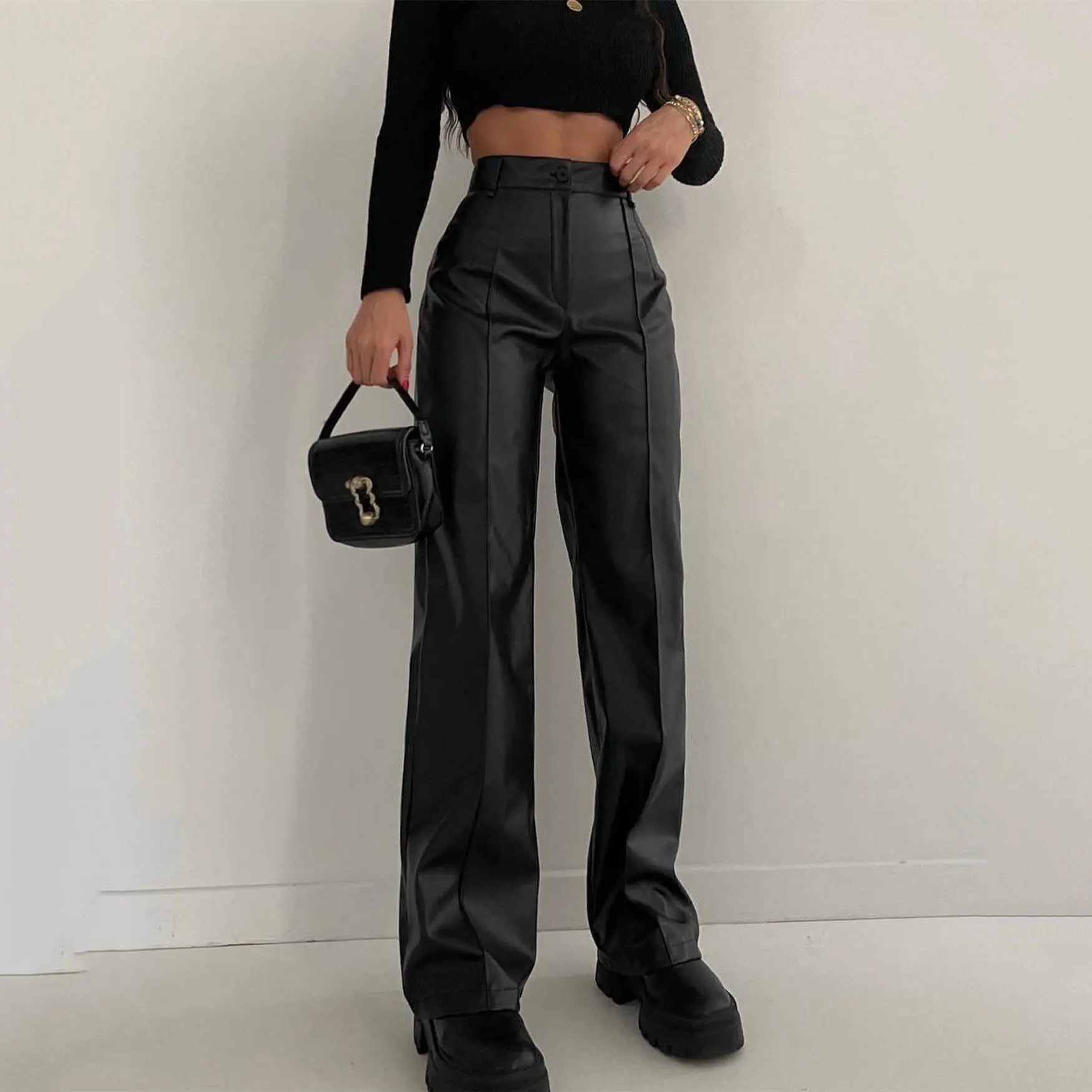 Women Clothing Faux Leather Trousers Autumn Winter Casual Pants Fried Street Cool Straight Leg Pants Figure Flattering Leather Pants Women - Yara fashion  23355270 Women Clothing Faux Leather Trousers Autumn Winter Casual Pants Fried Street Cool Straight Leg Pants Figure Flattering Leather Pants Women 