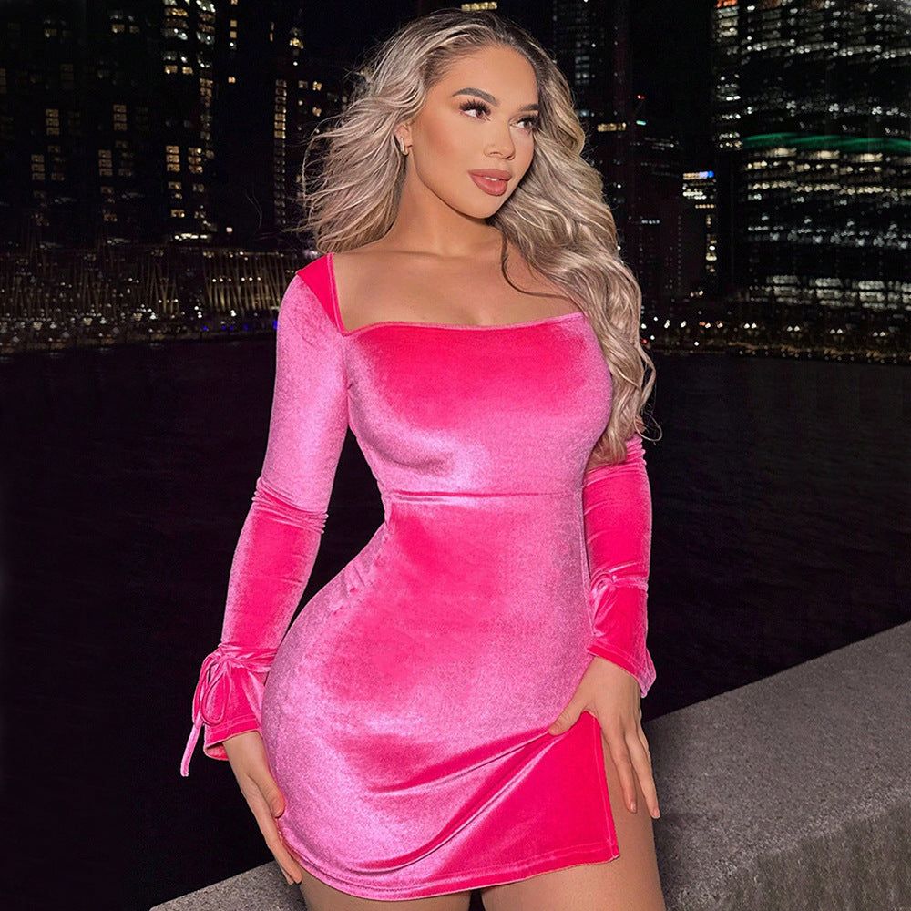 Women Clothing Party Square Collar Hip Velvet Dress Long Sleeve Lace up Slit Slimming Dress - Yara fashion  79387578 Women Clothing Party Square Collar Hip Velvet Dress Long Sleeve Lace up Slit Slimming Dress 