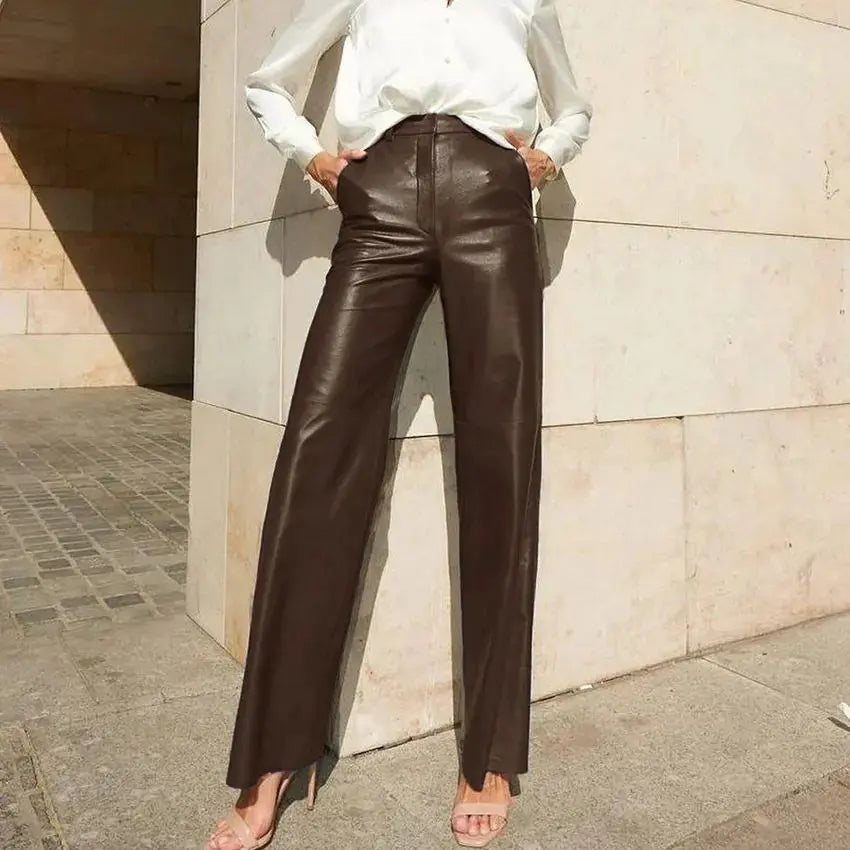 Women Clothing Spring Faux Leather Mid High Waist Hip Lifting Straight Women Casual Pants Women Pants - Yara fashion  84017247 Women Clothing Spring Faux Leather Mid High Waist Hip Lifting Straight Women Casual Pants Women Pants 