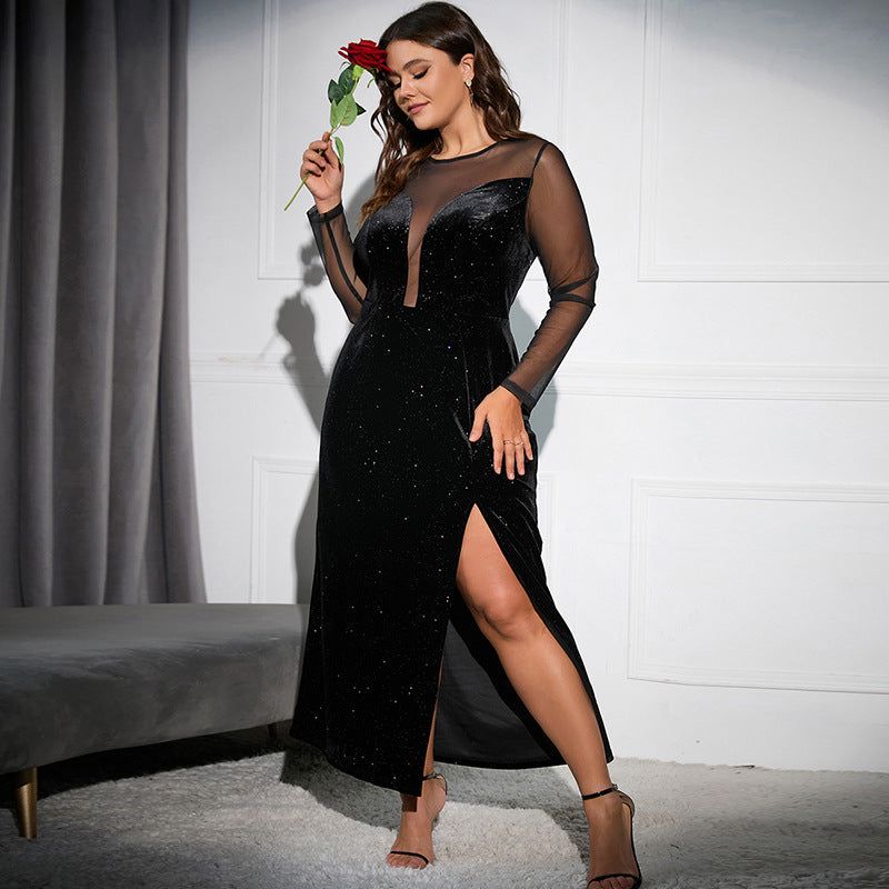 Women Clothing Stitching Velvet Wrapped Chest Dress Sexy High Split Dress - Yara fashion  49614823 Women Clothing Stitching Velvet Wrapped Chest Dress Sexy High Split Dress 