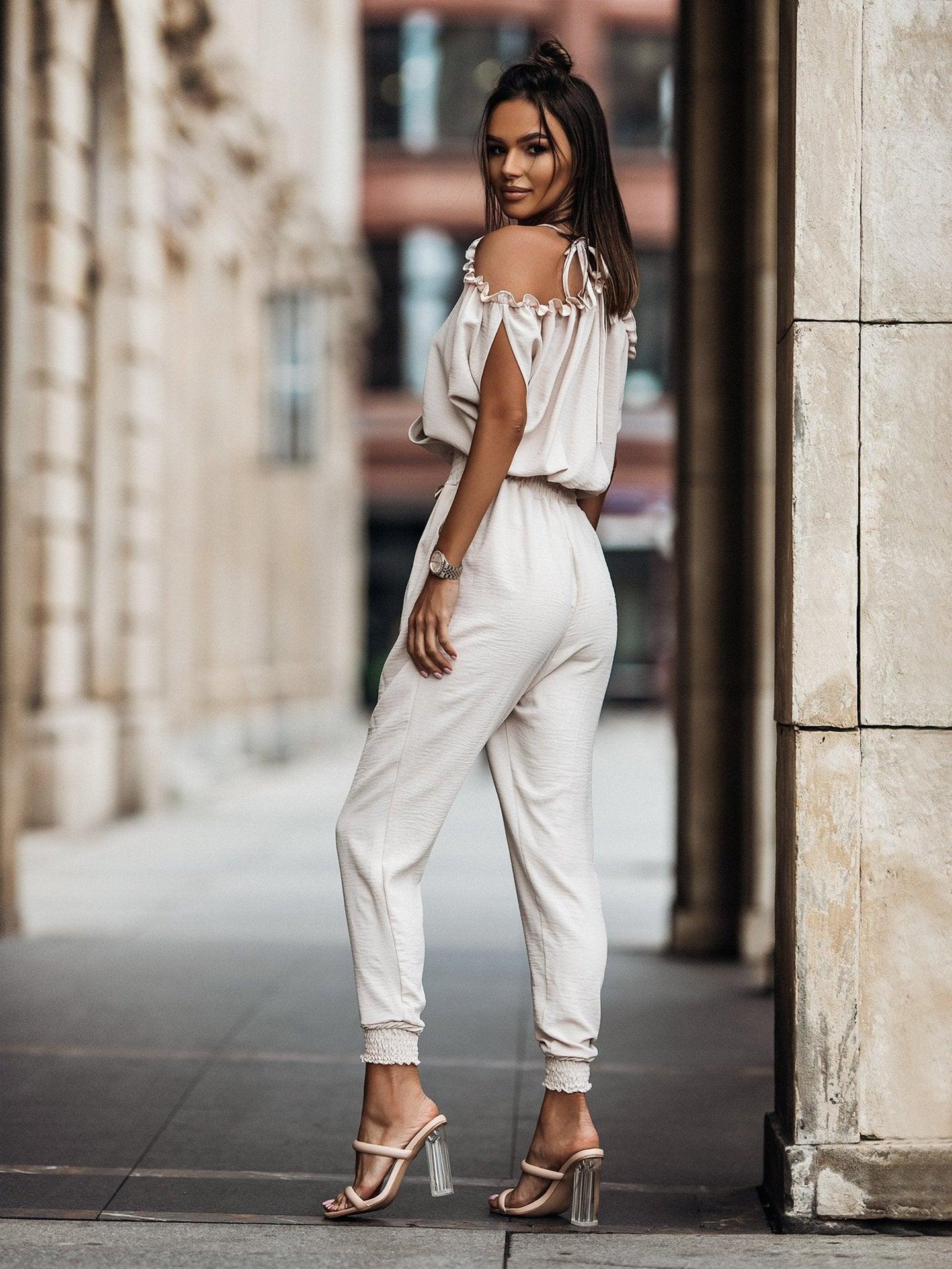 Women Trousers V neck Pocket Elastic Waist Casual Jumpsuit - Yara fashion  15240565 Women Trousers V neck Pocket Elastic Waist Casual Jumpsuit 